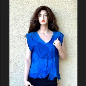 80s Vintage Retro Boho Blue Handmade Patchwork Chamois Leather Top Unique SM-MED
